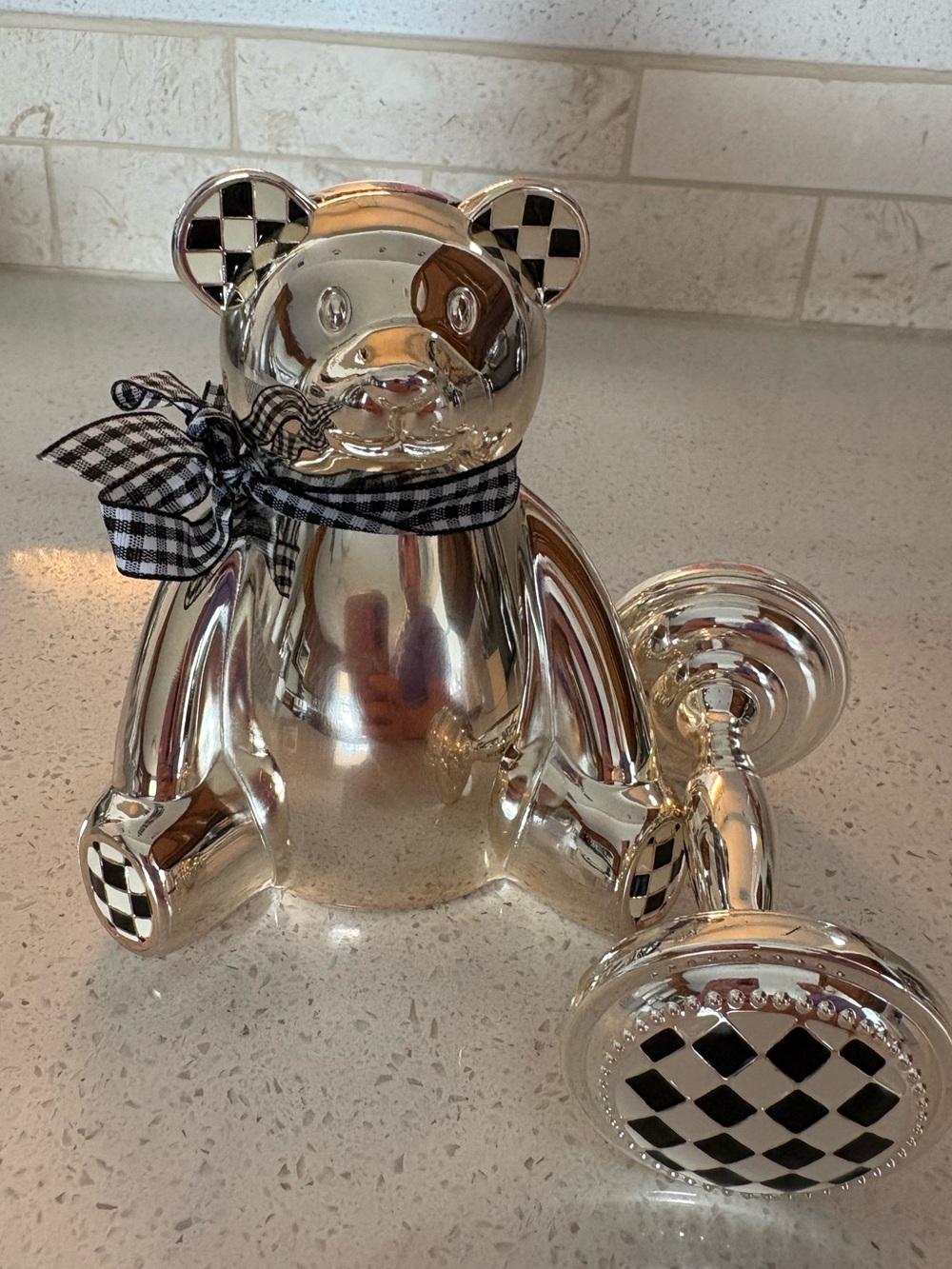 Mackenzie Childs silver rattle and bear bank